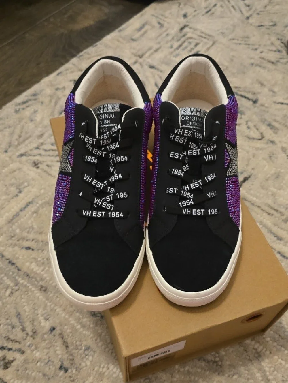 Vintage Havana Black Sneakers with Purple Rhinestone Accents